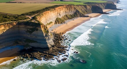 Aerial view of breathtaking cliffs and sandy beach on the coastline Dorset