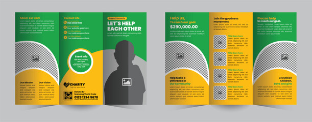 Professional and customizable tri-fold brochure template designed to promote charity fundraising events, drive donations, and effectively engage supporters for your cause