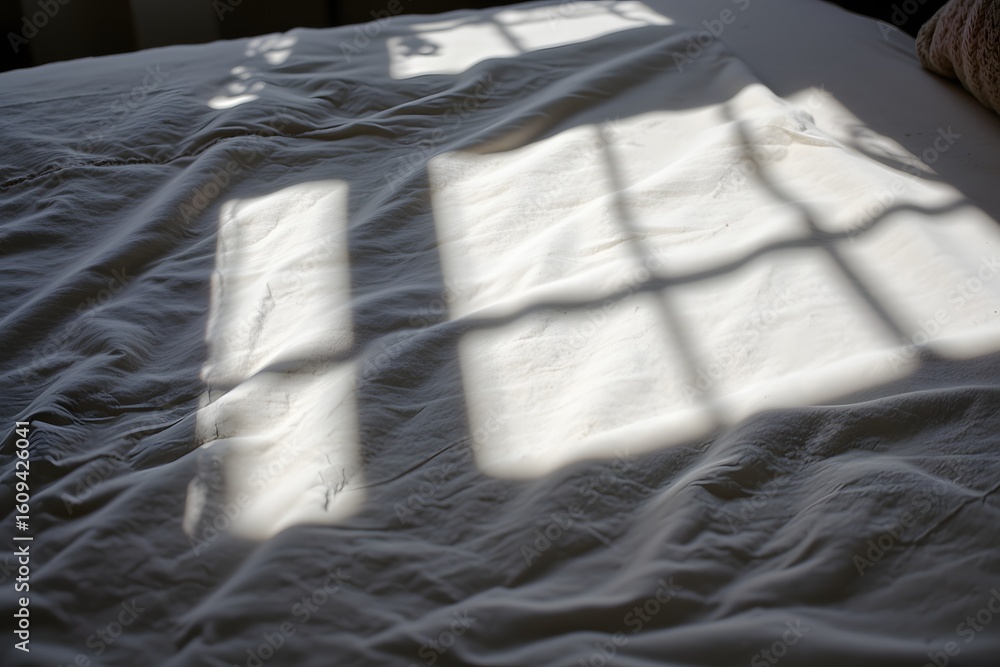 Poster sunlit linen on bed: the soft light from a window casts a pattern of shadows and light across a rump