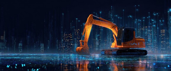 Excavator in futuristic city at night