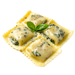 Fresh Ravioli with Spinach Filling and Basil Garnish
