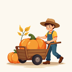 Farmer loading giant pumpkin into wooden cart. Fall harvest includes large orange pumpkin and small pumpkins.  Autumn scene perfect for Thanksgiving or harvest festival design.
