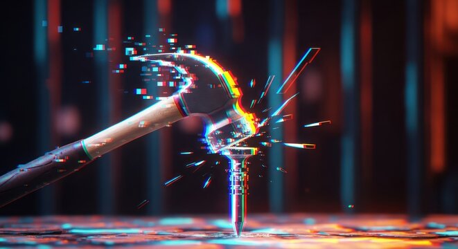 Hammer striking nail digital art glitch effect