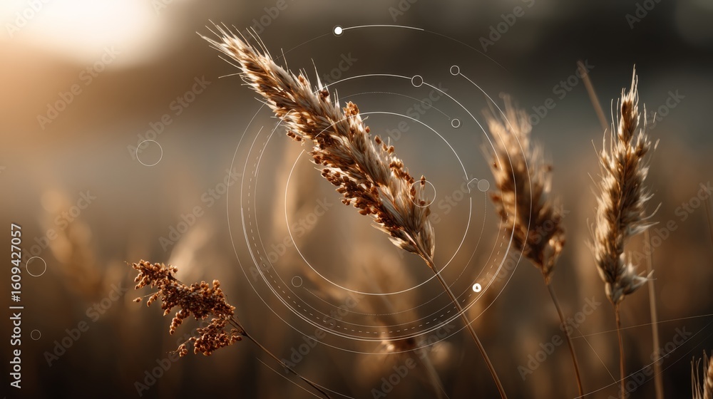 Poster close-up of golden wheat stalks in a field with a blurred background and subtle digital circular gra