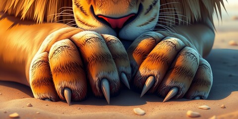 A close up of a lion's paws resting on sand with sharp claws and the lion's face above them visible