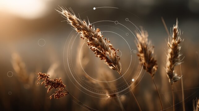 Close-up of golden wheat stalks in a field with a blurred background and subtle digital circular graphic overlays.