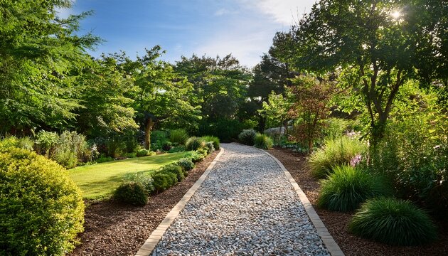 pebbled garden path surrounded by green plants and trees on a sunny day it can illustrate landscaping garden design or outdoor lifestyle concepts