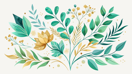 Vector art of an elegant watercolor illustration featuring a harmonious blend of green and gold leaves and delicate floral accents on a light background