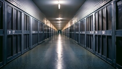 long cell block corridor with rows of cells on either side and minimal lighting creating a somber atmosphere