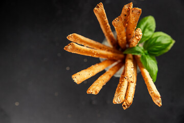 grissotti breadstick Grissini breadsticks whole grain cereal fresh delicious gourmet food background on the table rustic food top view copy space