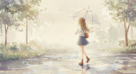 雨の日に透明な傘をさして歩く少女の水彩画