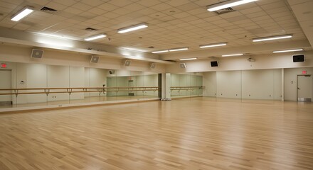 Empty bright dance studio with mirrors, ballet barres and wood floor providing a sense of readiness