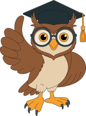 Cute cartoon owl with glasses and graduation cap giving thumbs up, smart academic mascot character vector illustration for education, learning, design