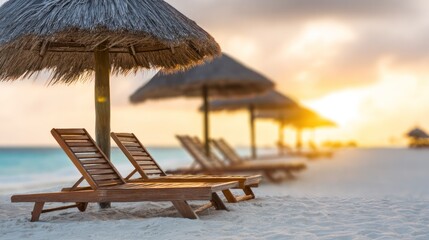 Fototapeta premium Sun loungers under parasols on a tropical beach at golden hour, evoking peaceful vacation vibes