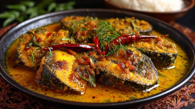 Traditional bengali shorshe ilish with mustard sauce and spices for culinary delight.