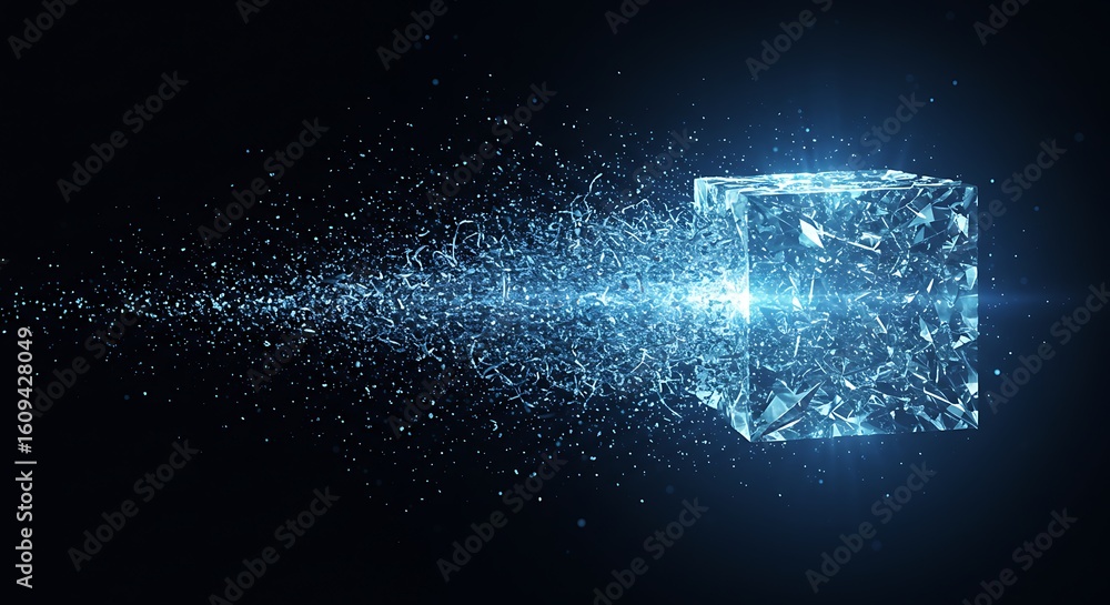 Aufkleber fractured reality: abstract cube shattering into digital particles in dark space