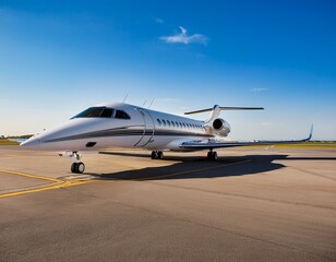 luxury private jet parked on a tarmac under clear blue skies