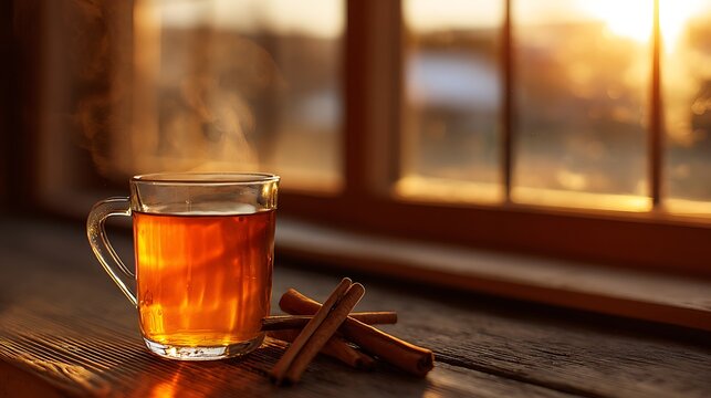 Steaming spiced tea with cinnamon sticks near window with golden sunset light background