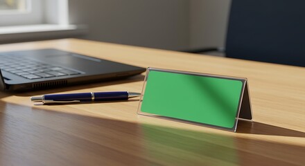 Desk Scene: Laptop, Pen, and Green Screen Nameplate