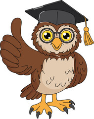Smart cartoon owl with glasses and graduation cap giving thumbs up, educational mascot character vector illustration for school, learning, design
