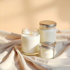 Three white candles in glass jars with silver lids on a draped cream colored fabric surface top view