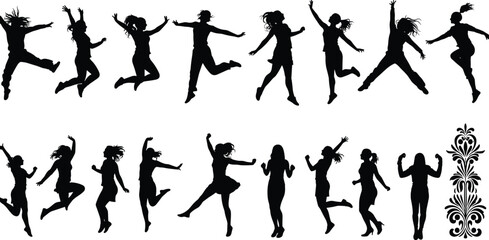 Jumping women silhouettes, active female figures, joyful dance poses, dynamic jumping poses, energetic women clipart, black and white silhouettes, movement illustrations