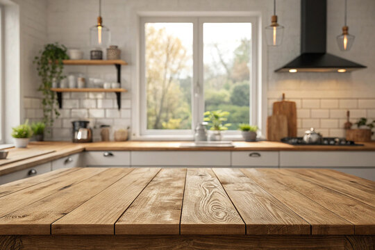 Fototapeta Empty wood table top on blur kitchen window background. For product or foods montage.