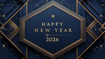 Dark festive Happy New Year 2026 animation with gold sparkles and elegant hexagon frame, ideal for holiday intros, digital campaigns, and corporate celebration messages, 4K, motion.