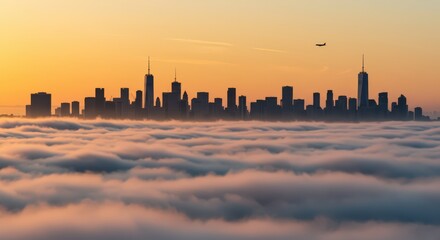 Golden sunrise bathes skyscrapers emerging through ethereal fog as airplane streaks across sky dramatic urban scene perfect for travel industry ads, corporate hero banners and inspirational stock img