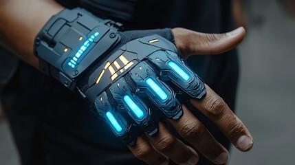 Technologically enhanced hand with a futuristic illuminated glove interface