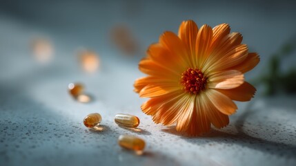 Bright orange flower with translucent capsules scattered on a textured surface, highlighting natural wellness and beauty.