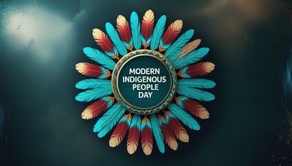 Modern Indigenous People's Day: Teal, Red, and Gold Feathers in a Circular Design, Dark Background, Celebratory Mood.