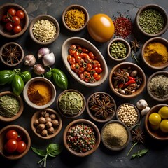 Colorful Asian ingredients and spices—ginger, chili, lemongrass, herbs—arranged on a rustic stone surface. A vibrant flatlay perfect for cooking, recipe, and culinary-inspired visuals.

