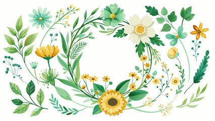 Vector art of a charming watercolor floral wreath with a mix of green, yellow, and white flowers and leaves