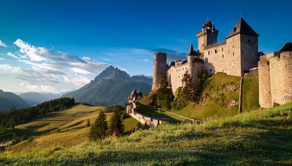 medieval castle in the mountains cut out