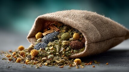 A burlap sack spilling a colorful mix of dried herbs and spices onto a wooden surface, showcasing natural ingredients and rustic textures.