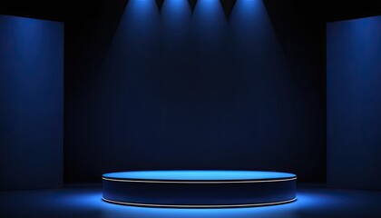 Abstract Dark Blue Podium Stage With Illuminated Lights 3d Rendered Scene For Product Display Background. 6