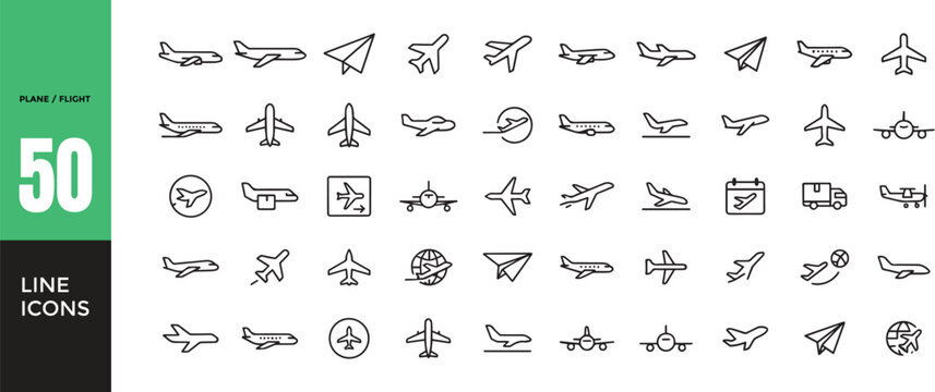 50 Plane and Flight Line Icons. Minimal Airplane, Jet, Paper Plane, Airport, Travel, Transportation, Aviation, Departure and Arrival Vector Icon. Airplane icon set. Editable stroke weight.
