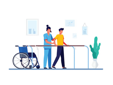 Nurse assisting a patient with walking rehabilitation using parallel bars vector