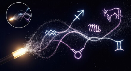 Glowing zodiac signs emanating from a light source on a dark background with a circular inset image