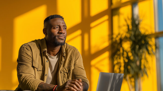 A confident young tech professional multitasking with a laptop and phone in a modern, brightly lit office corridor.