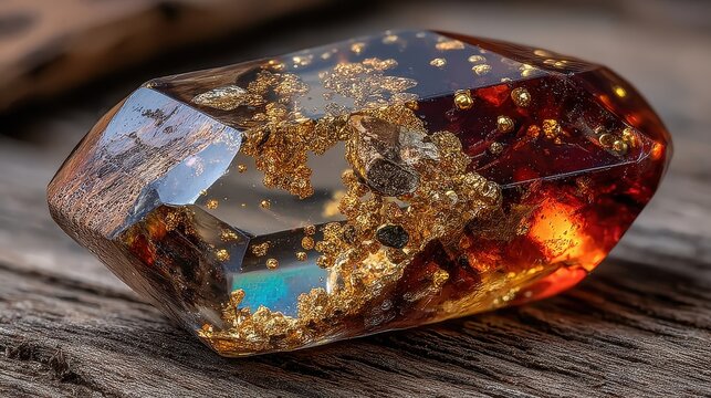 Ancient pollen trapped in amber, prehistoric ecosystem sample for botanical research, educational material.