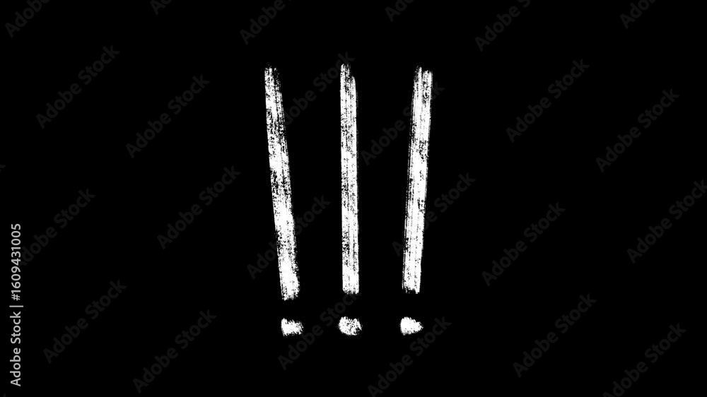Poster animated three vertical exclamation marks with white chalkboard texture on a black background for vi
