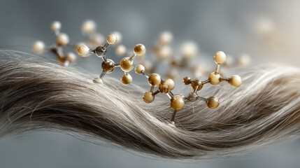 Close-up of a strand of hair with molecular structures representing hair care or cosmetic science.