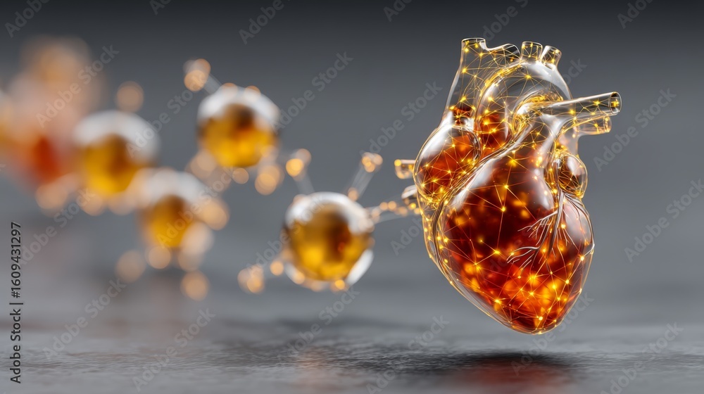 Poster a glowing digital heart connected by nodes and lines to a series of smaller spheres, symbolizing tec