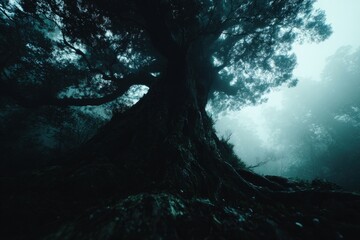 Low-Angle View of a Massive Tree Trunk in Dense Fog, Moody, Mystical Ambience