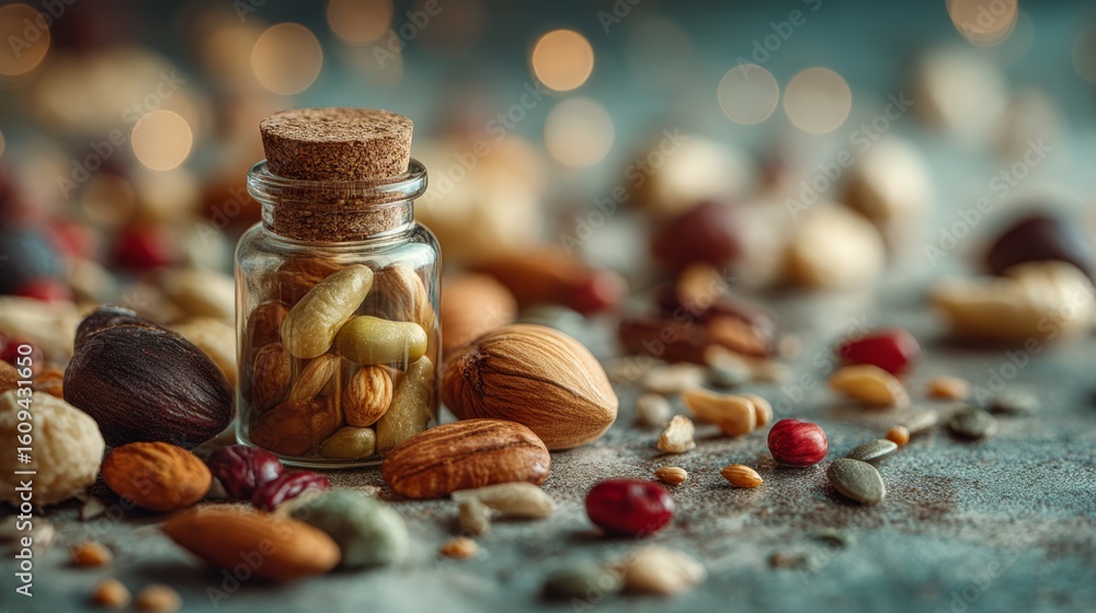 Poster a small glass jar filled with capsules sits among various nuts and seeds on a textured surface with 