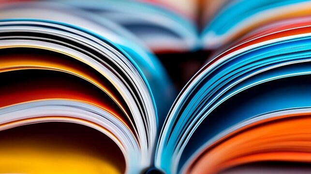 Colorful magazine pages create a mesmerizing visual, close-up aesthetic