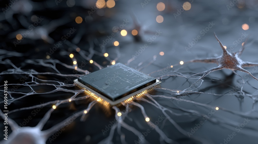 Poster glowing ai chip integrated with neurons showcasing advanced technology in a high-tech environment