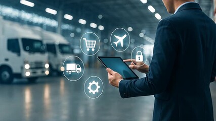 A businessman using a tablet surrounded by floating logistics icons, showing manufacturing process management, manufacturing planning, manufacturing strategy - Powered by Adobe